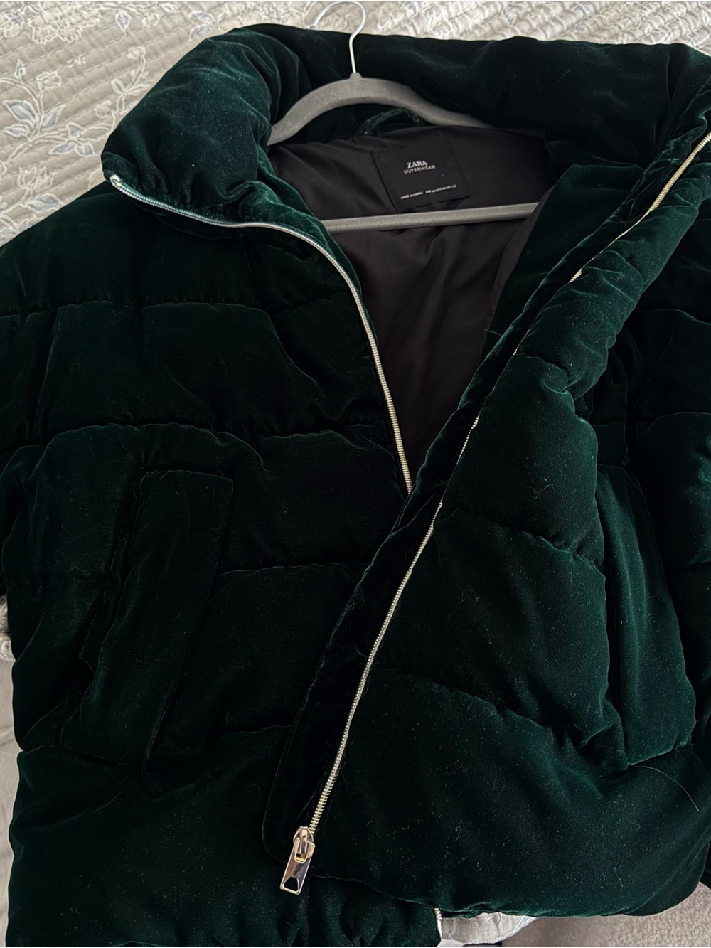 Zara Deep Emerald Velvet Puffer Coat